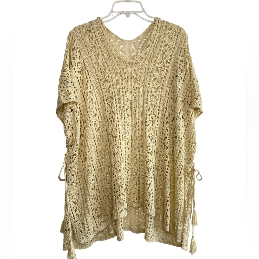 Crochet Knit Tunic Cover-up Kimono Womens Medium Beige Tassles Cottagecore EUC